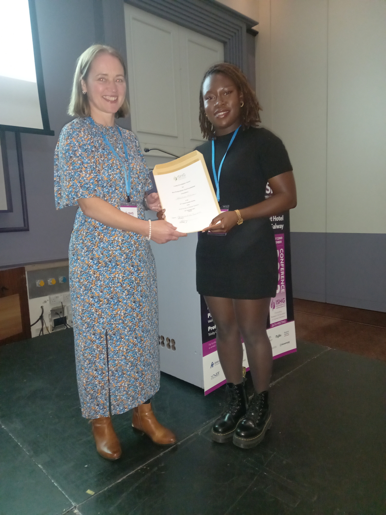 Best Postgraduate Oral Presentation Winner Ifeolutembi Fashima and ISHG Chairperson Dr Deirdre Donnelly